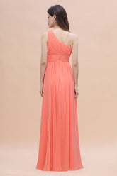 Chic One-Shoulder Ruffles Chiffon Coral Bridesmaid Dresses On Sale-27dress
